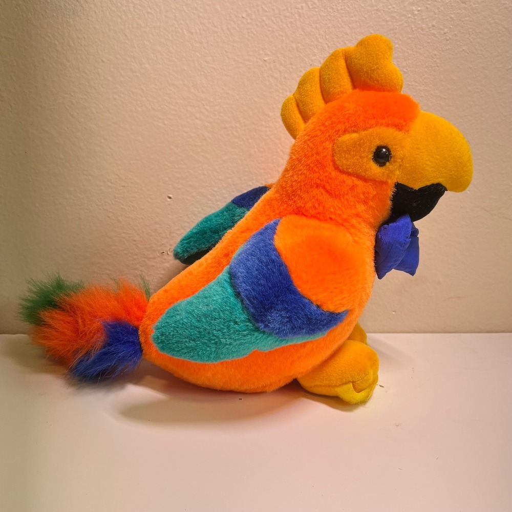 T.L. Toys 1991 Talking Parrot Plush Orange Blue Bow Tie Pocket Vintage‎ 9"